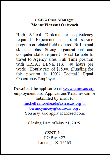 Case Manager Mt. Pleasant Texas Office